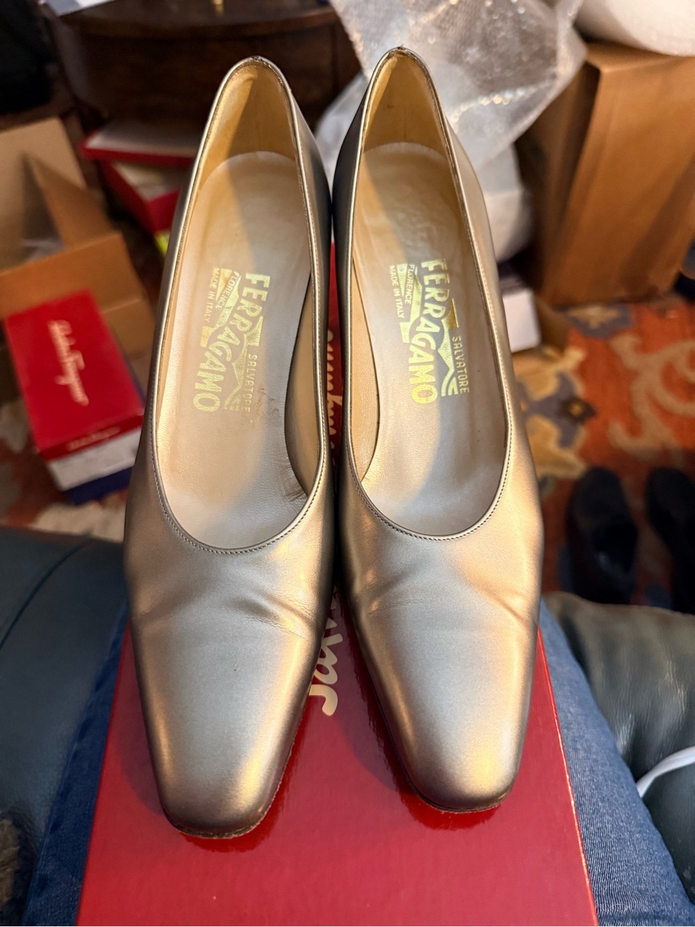 Salvatore Ferragamo Metallic Gray Leather Pumps